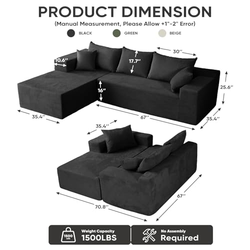 Boneless Couch, 102.4" Sectional Couches for Living Room with L Shape Sofa | Cloud Couch Sectional with Chaise, Modular Cloud Sofa with Deep Seat, No Assembly, Black, Corduroy, Left Chaise