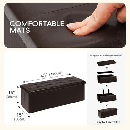 Folding Storage Ottoman Bench, Brown Faux Leather Long Storage Chest Footstool Seat, Bench for Bedroom and Hallway, 43.3"x15.7"x15.7"
