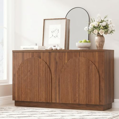 55" Fluted Sideboard Buffet Cabinet with Storage, Wood Mid Century Modern Credenza Cabinet w/Arched Reeded Doors & Adjustable Shelves for Kitchen, Living Room, Entryway, Walnut