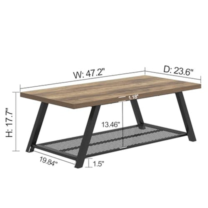 Coffee Table with Storage, Modern Rustic Wood and Metal Coffee Tables for Living Room, Industrial 2-Tier Center Tea Cocktail Table, Oak, 47 Inch