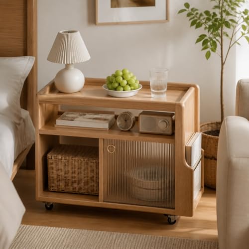 Solid Wood Narrow Side Table with Storage, End Table with Magazine Rack & Glass Door Cabinet, Small Couch Side Table for Living Room, Narrow Nightstand for Bedroom, No Assembly