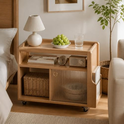 Solid Wood Narrow Side Table with Storage, End Table with Magazine Rack & Glass Door Cabinet, Small Couch Side Table for Living Room, Narrow Nightstand for Bedroom, No Assembly