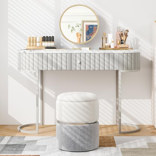 Ottoman with Storage - Set of 2 Storage Ottomans, 1 Large & 1 Small Nesting Ottoman Side Table, Upholstered Linen Round Foot Rest Vanity Stool for Bedroom Living Room (Gray)