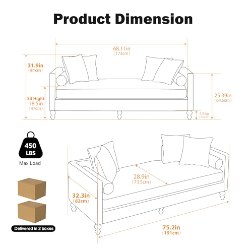 75.2" W Retro Oversized Chaise Lounge Chair Indoor with Left & Right Armrest, view 3