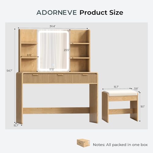 Fluted Vanity Desk with Mirror Light, Stool, Power Outlet Natural | 3 Color Touch Control Light, Fluted Wood Drawers, 3 Drawers 4 Shelves, Ideal Bedroom Furniture for Girls Age 8-16