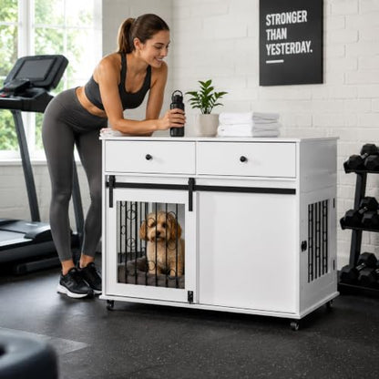 Rolling Furniture Dog Crate, 39" Wood Dog Crate End Table with Swivel Casters, view 8