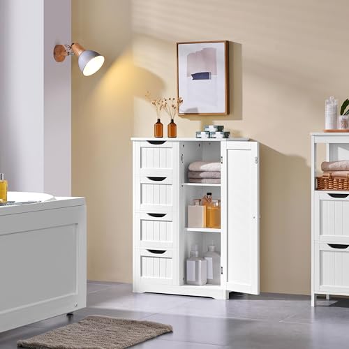 Yaheetech Wooden Floor Cabinet, Side Storage Organizer with 4 Drawers and 1 Cupboard, Freestanding Entryway Storage Unit Console Table, Bathroom Furniture Home Decor, White