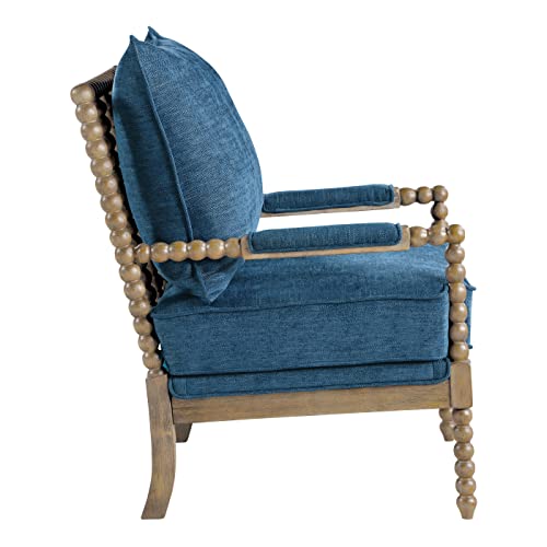Fletcher Spindle Accent Chair with Rustic Brown Finish, Navy Blue Upholstery