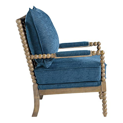 Fletcher Spindle Accent Chair with Rustic Brown Finish, Navy Blue Upholstery