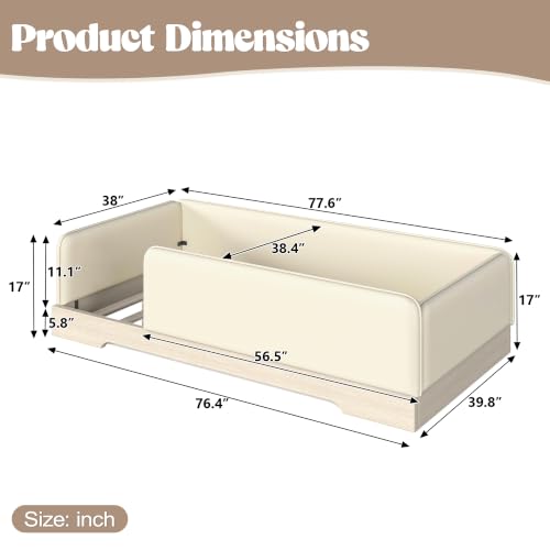 JIVOIT Twin Size Upholstered Floor Bed with Removable Guardrails | Montessori Floor Bed, Low Profile Platform Bed, Faux Leather, Removable Side Panels, Wood Slats Support, No Box Spring Needed