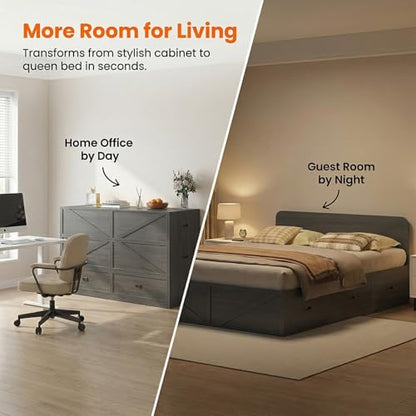 4-in-1 Queen Murphy Bed with Mattress Included & Extra Large Drawers, Multifunctional Cabinet Bed that Converts to Sofa Set for Small Spaces/Guest Bedroom/Living Room, Grey
