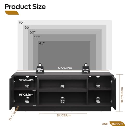 63" Mid Century Arched TV Stand with Storage, Black, view 4