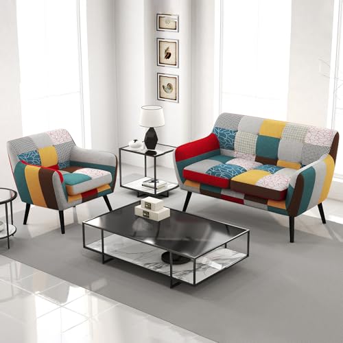 Modern Colorful 2 Piece Coroful Fabric Sofa Set, Included Accent Chairs and Boho Loveseat Sofa, Linen Patchwork Plaid Couches with Rubberwood Legs and Removable Upholstered for Living Room