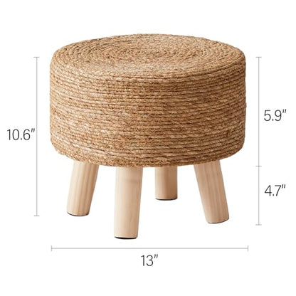 Foot Stool Natural Seagrass Hand Weave Poufs Round Ottoman for Couch Desk Soft Step Stool Padded Foot Rest with Non-Skid Pine Legs for Hallway Office Lounge Natural