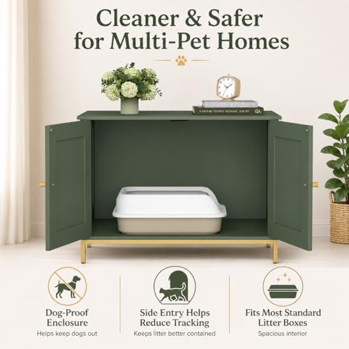 Cat Litter Box Enclosure, Cat Washroom Furniture with Metal Frame, Pet House, Fit Most of Litter Box, Modern Style, Green and Gold