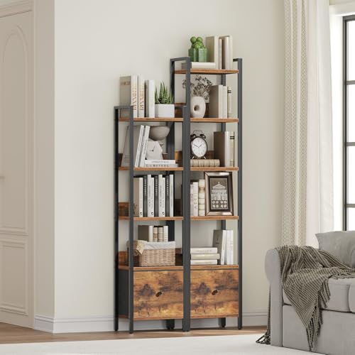 Bookshelf, 5-Tier Bookcase with Drawer, Small Book Shelf for Small Space, Storage Shelf Organizer, for Living Room, Bedroom, Study, Kitchen, Rustic Brown and Black BKHR55101