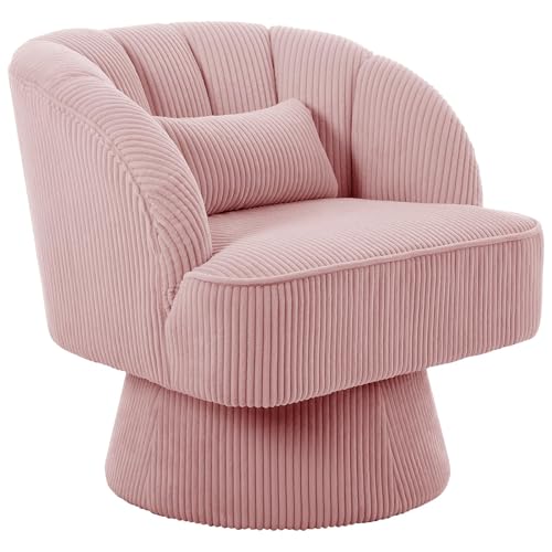 Modern 360° Swivel Barrel Accent Chair, Velvet Upholstered Armchair with Striped Backrest & Plush Cushion, Comfy Round Lounge Chair for Living Room Bedroom, Pink