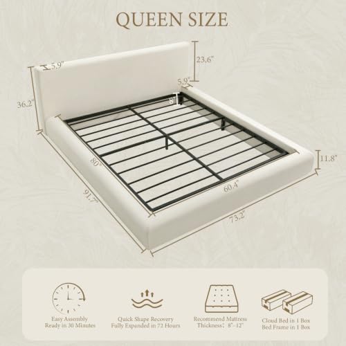 Queen Cloud Bed Frame, Upholstered Platform Bed Frame with Headboard, view 3