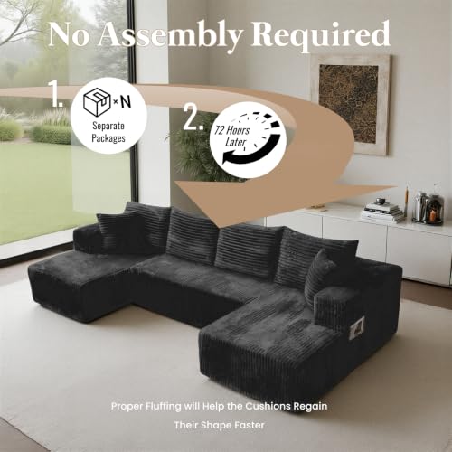 130'' U Shaped Sectional Couches for Living Room, Modular Boneless Cloud Sofa with 2 Chaise Lounges, 4-in-1 Flexible Combination Layered Foam Cushion Deep Seat Corner Couch, No Assembly Black