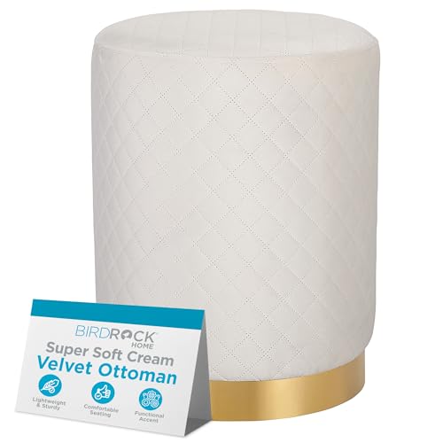 Velvet Round Ottoman Foot Stool with Lattice Design and Gold Trim - Soft, Padded Foot Rest for Living Room or Bedroom – Decorative Foot Ottoman for Chair, Rocking Chair or Couch (Cream)