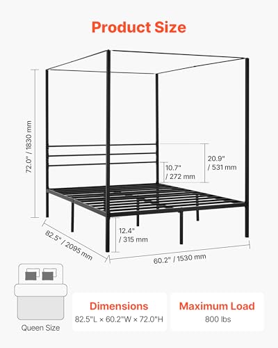 Canopy Bed Frame Queen Size, Metal Canopy Bed with Four Posters Design, view 4