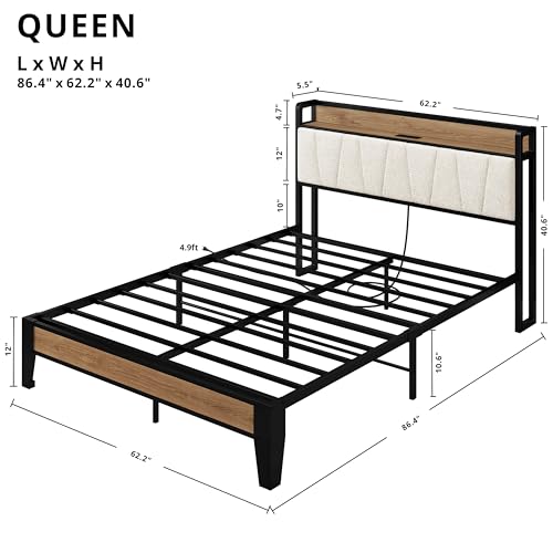 Queen Bed Frames, Storage Headboard with Charging Station, Solid and Stable, view 3