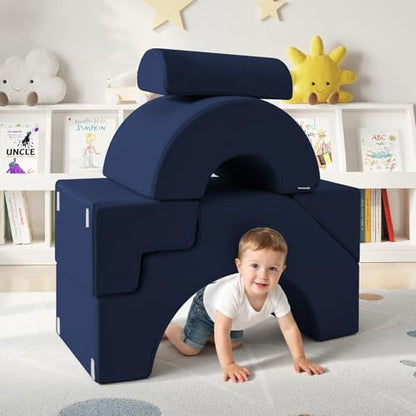 Modular Kids Sofa, Foam Couch Sofa with Slide & Stair Design, Convertible Kids Couch for Playroom, Sectional Child Furniture for Bedroom Living Room, Navy