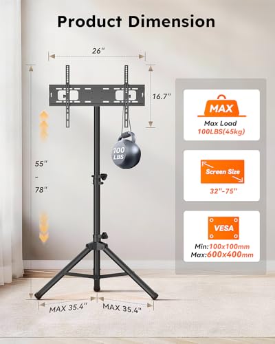 Portable Tripod TV Stand for 32-75 inch TVs, Heavy Duty Outdoor Height Adjustable Floor TV Stand with 15° Tilt for Flat/Curved Screens, Holds up to 100lbs, Max VESA 600x400mm