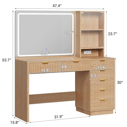 Fluted Vanity Desk with Large Mirror,Lights,Charging Station, Oak, view 6