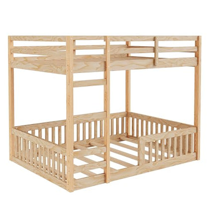 JIVOIT Full Over Full Bunk Bed, Solid Wood Bunk Bed Frame with Ladder and Guardrails, Wood Slats Support, No Box Spring Needed (Natural/ 4)