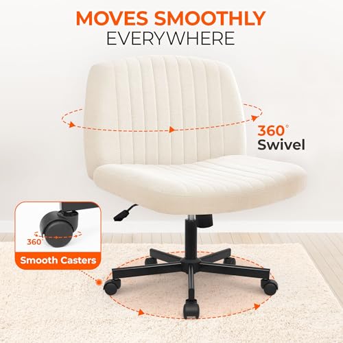 Criss Cross Chair, Wide Fabric Vanity Desk Seat, Beige Wheel, view 6