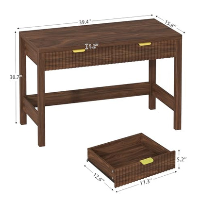 Fluted Computer Desk with 2 Drawers, 39 Inch Small Computer Desk with Storage, Compact Writing Study Desk for Small Spaces, Walnut