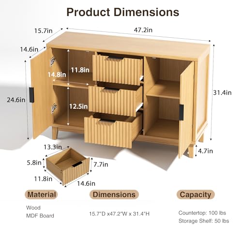 47.2" W Storage Cabinet with 3 Drawers, Fluted Buffet Cabinet with Storage, view 3