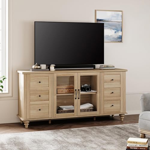 Farmhouse TV Stand for TVs Up to 65 inch, Wood TV Console Table with Storage Cabinets & Glass Door, Entertainment Center for 32-75 inch TV Console Cabinet, 58", Oak