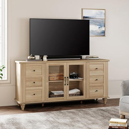 Farmhouse TV Stand for TVs Up to 65 inch, Wood TV Console Table with Storage Cabinets & Glass Door, Entertainment Center for 32-75 inch TV Console Cabinet, 58", Oak