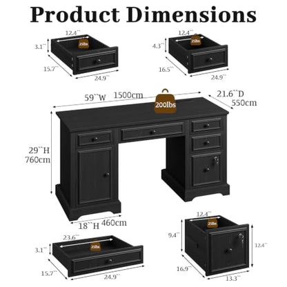 59" Farmhouse Executive Desk with Drawers Cabinet Power Outlet, view 3