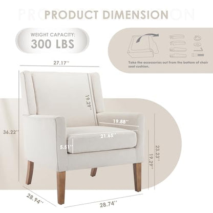 Modern Wingback Living Room Chair, Upholstered Fabric Accent Armchair, Single Sofa Chair with Lounge Seat and Wood Legs for Office/Bedroom/Reading Spaces, Beige
