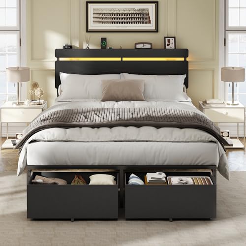 Full Size Bed Frame with Wood Headboard,2 Storage Drawers & Shelf, view 2
