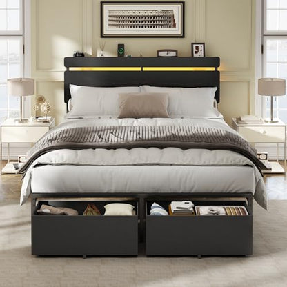 Full Size Bed Frame with Wood Headboard,2 Storage Drawers & Shelf, view 2