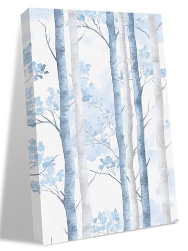 NuYeBiofx Watercolor Blue Trees Leaves Canvas Wall Art Prints,30"x20" Framed Picture Artwork Retro Forest Printed Canvas Oil Painting for Living Room Bedroom Office,Ready to Hang