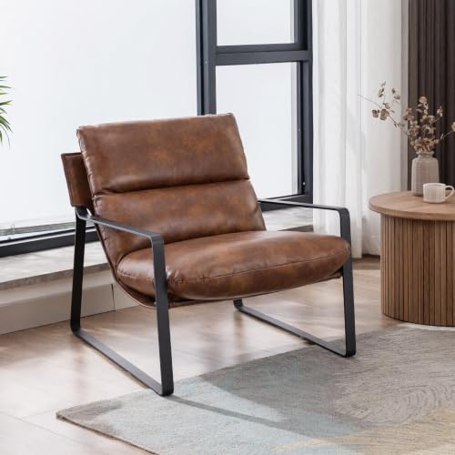 Mid-Century Accent Chair Armchair, Comfy PU Leather Leisure Chair Lazy Chair with Metal Leg for Living Room Bedroom Office Apartment, Brown