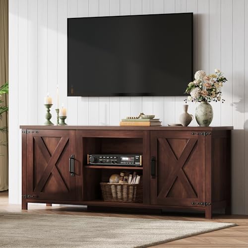 Modern Farmhouse TV Stand for TVs up to 65", Entertainment Center with X-Shaped Barn Doors, Large Storage Media TV Console with Adjustable Shelves & Cable Holes for Living Room, Brown