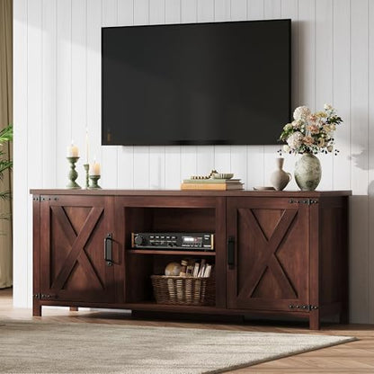 Modern Farmhouse TV Stand for TVs up to 65", Entertainment Center with X-Shaped Barn Doors, Large Storage Media TV Console with Adjustable Shelves & Cable Holes for Living Room, Brown