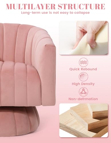 Swivel Accent Chair, Modern 360° Swivel Barrel Chair, Light Pink | Mid Century Overstuffed Tufted Velvet Chair with Armrest, Comfy Round Armchair, Ideal for Living Room, Bedroom, Reading Room
