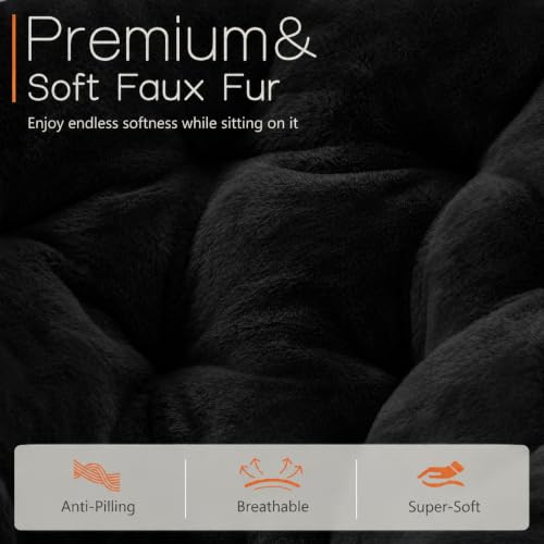 Saucer Chair, Comfy Faux Fur Chair for Bedroom, Saucer Chairs for Adults, Teens, Round Shaped Moon Chair with Foldable Metal Frame, Black