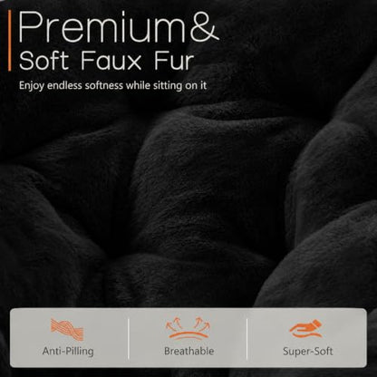 Saucer Chair, Comfy Faux Fur Chair for Bedroom, Saucer Chairs for Adults, Teens, Round Shaped Moon Chair with Foldable Metal Frame, Black