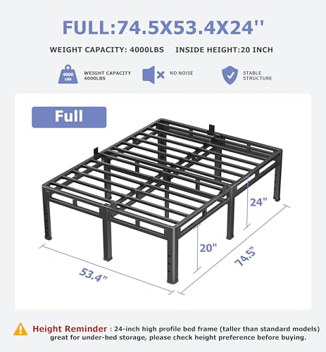 Full Size Metal Platform Bed Frame, 24 Inch Dual-Layer Heavy Duty Base, view 4