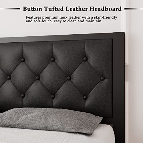Full Size Metal Bed Frame with Faux Leather Button Tufted Headboard, view 6