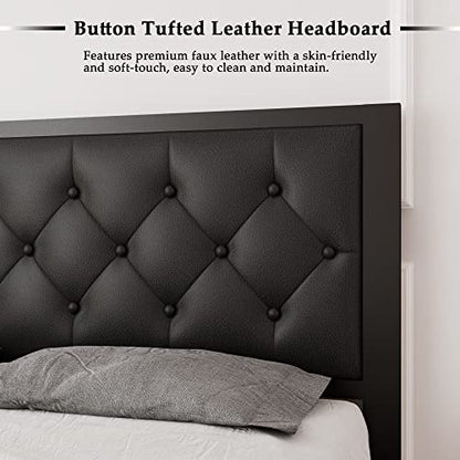 Full Size Metal Bed Frame with Faux Leather Button Tufted Headboard, view 6