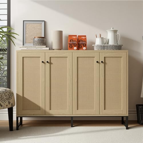 Sideboard Accent Storage Cabinet with Rattan Decorated 4 Doors Dining Room Freestanding Kitchen Buffet Table Cupboard (Natural)
